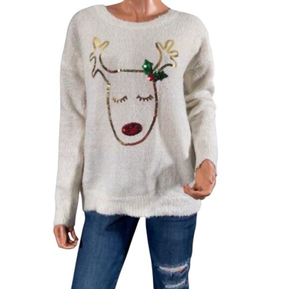 Holiday Traditions White Reindeer Themed Christmas Size L Pullover Sweater - Picture 1 of 9